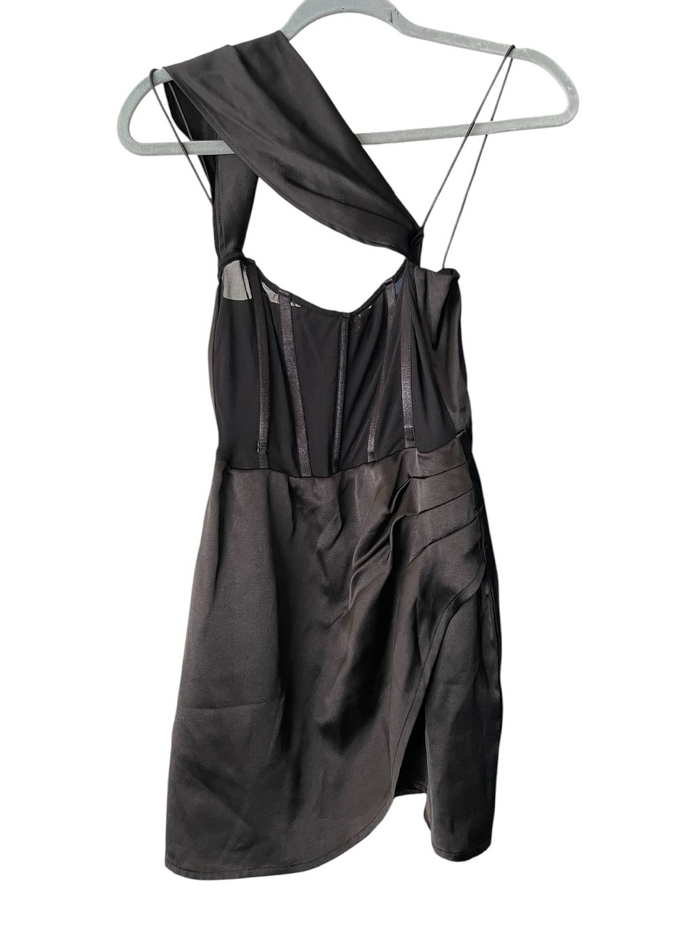 Nookie Women’s M Black Satin Corset Asymmetrical Mini Dress Cutout One Shoulder